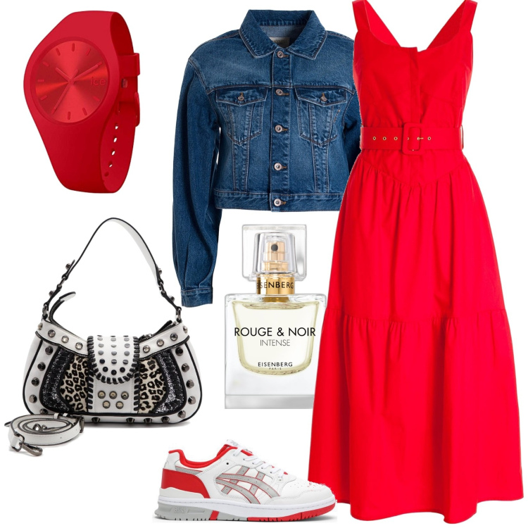 Outfit donna - Look in red. Stile Sporty chic per Tutti i giorni. Abbinamento con profumi, vestiti midi/longuette, giacche, orologi, borse a spalla, sneakers.