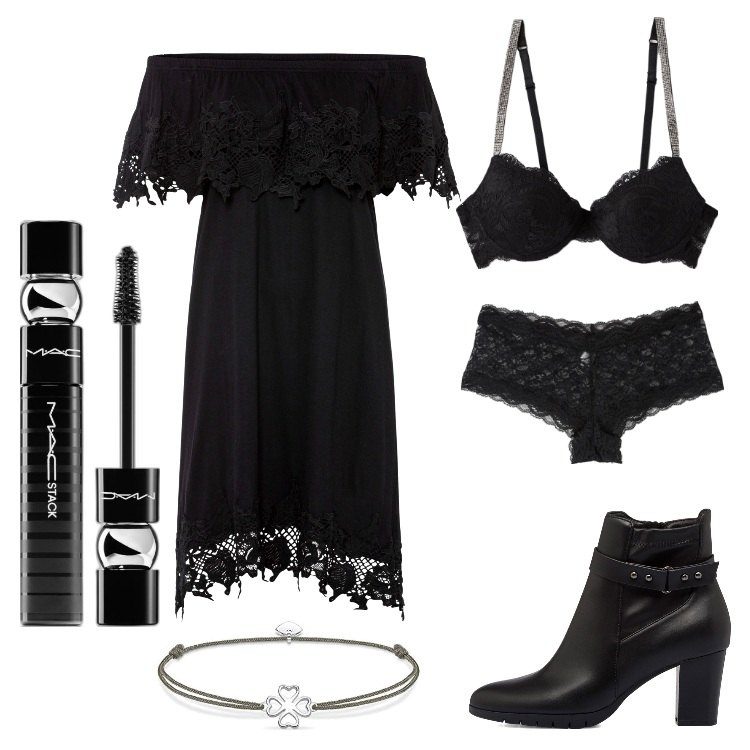 Outfit donna - Total look #1736975. Stile Rock per Serata fuori. Abbinamento con vestiti, mascara, culotte, reggiseni a balconcino, stivaletti, braccialetti.