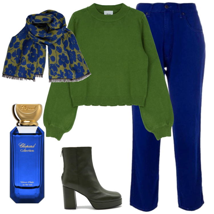 Outfit donna - Pullover verde. Stile Minimal per Tutti i giorni. Abbinamento con pantaloni, profumi, pullovers, sciarpe, stivaletti.