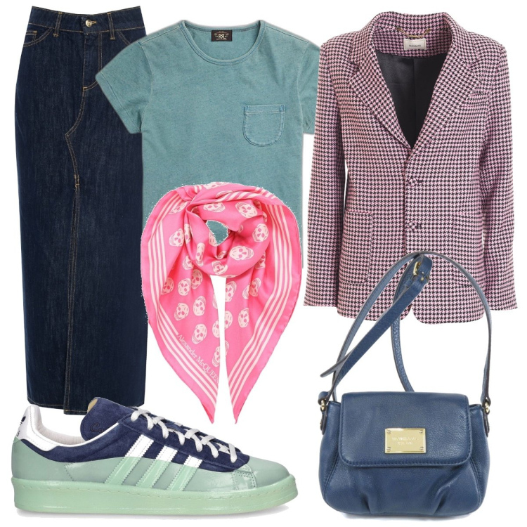 Outfit donna - La gonna di jeans. Stile Casual per Tutti i giorni. Abbinamento con borse a spalla, gonne longuette, blazer, t-shirt, sneakers, foulard.