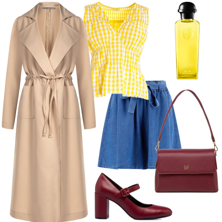 Outfit donna - Look autunno colorato. Stile Preppy per Tutti i giorni. Abbinamento con profumi, trench, top, gonne, décolleté, borse a tracolla.