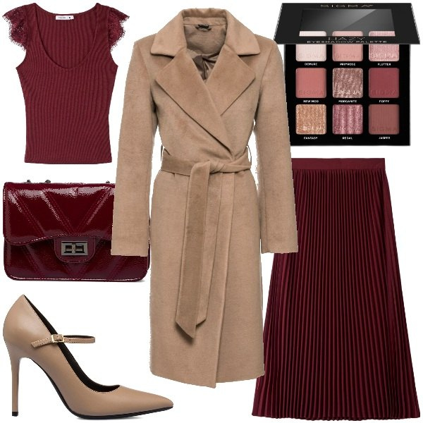 Outfit donna - A cena in un Bistrot di Parigi. Stile Chic per Serata fuori. Abbinamento con cappotti, ombretti, gonne longuette, canottiere, décolleté, borse a tracolla.