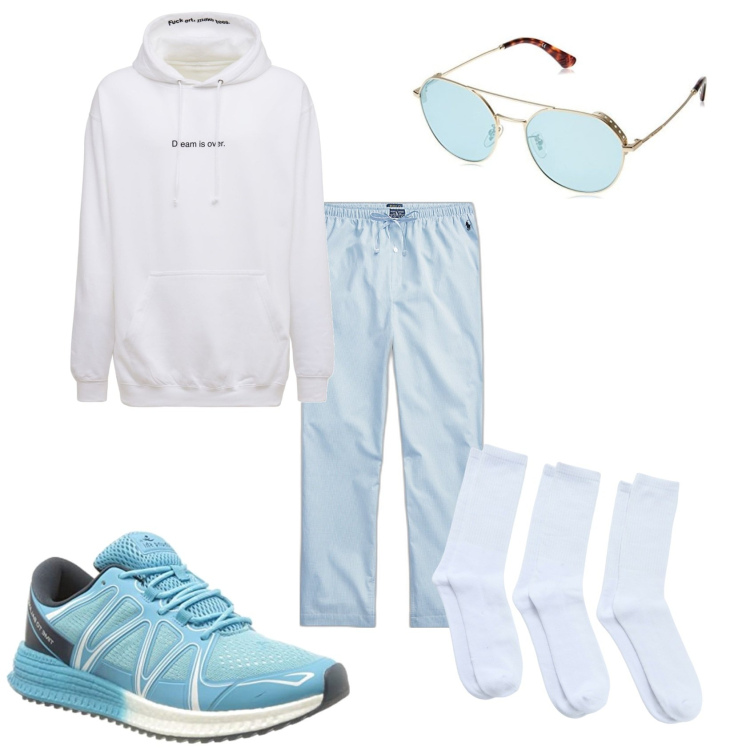 Outfit uomo - In bianco e azzurro. Stile Casual per Tutti i giorni. Abbinamento con calzini, pantaloni, felpe con cappuccio, scarpe sportive, occhiali da sole.