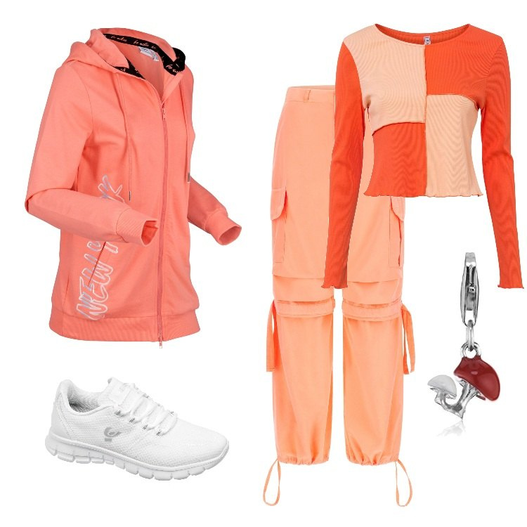 Outfit donna - Weekend. Stile Trendy per Tutti i giorni. Abbinamento con felpe con cappuccio, maglieria, pantaloni cargo, sneakers, ciondoli.