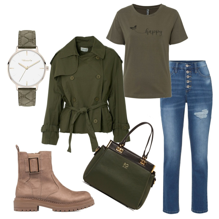 Outfit donna - Casual per ogni giorno. Stile Casual per Tutti i giorni. Abbinamento con t-shirt, jeans boyfriend, stivaletti, borse a spalla, giacche, orologi.