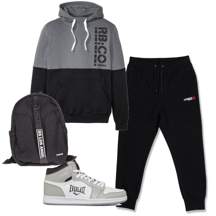 Outfit uomo - Do something. Stile Urban per Sport. Abbinamento con felpe con cappuccio, sneakers alte, pantaloni cargo, borse sportive.