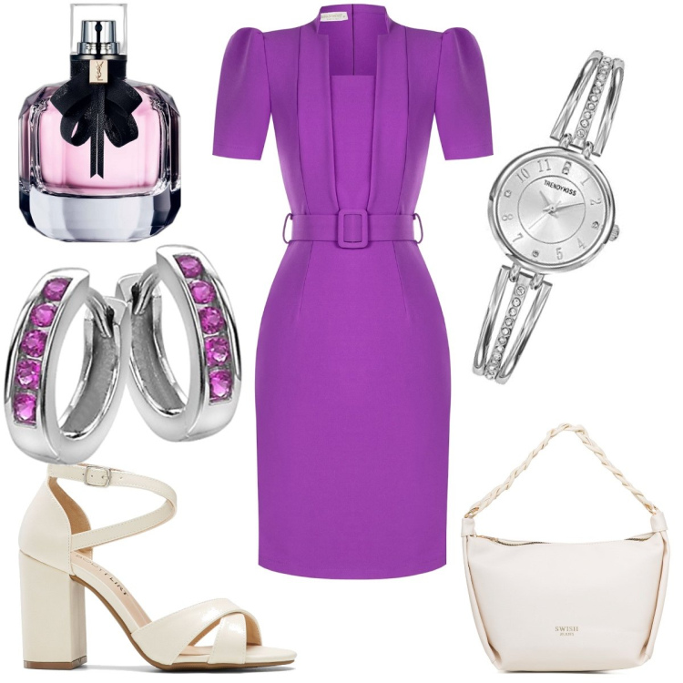 Outfit donna - Viola che passione. Stile Chic per Serata fuori. Abbinamento con sandali col tacco, profumi, vestiti a tubino, borse a mano, orologi analogici, orecchini.