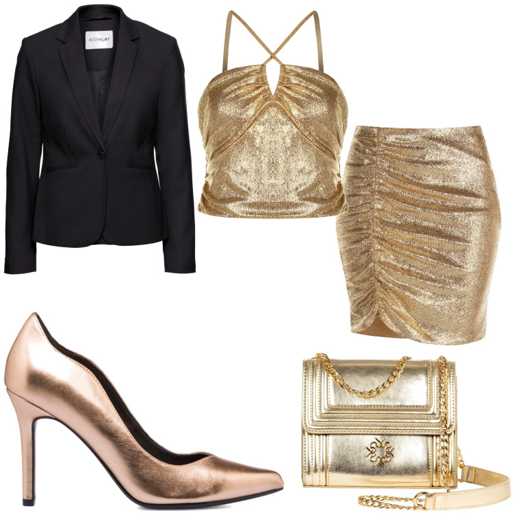 Outfit donna - Oro oro oro. Stile Glamour per Serata fuori. Abbinamento con blazer, minigonne, borse a tracolla, top, décolleté.