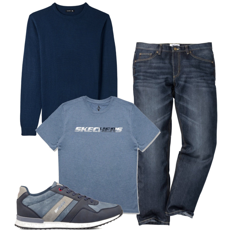 Outfit uomo - Blu. Stile Casual per Tutti i giorni. Abbinamento con jeans dritti, maglieria, t-shirt, sneakers.