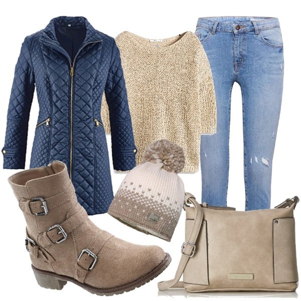Outfit donna - Basic #15756. Stile Basic per Tutti i giorni. Abbinamento con blazer, stivaletti con borchie e zip marrone, maglioncino effetto metallizzato beige, borsa a tracolla beige, berretto taglia unica beige, jeans skinny blu.