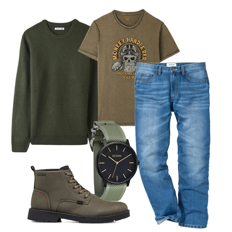 Outfit uomo - Le olive di ottobre. Stile Casual per Tutti i giorni. Abbinamento con jeans dritti, maglieria, t-shirt, stivali e stivaletti, orologi.