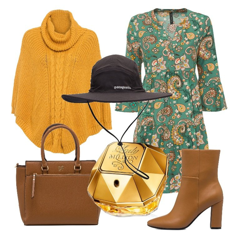 Outfit donna - Total look #1737122. Stile Boho per Serata fuori. Abbinamento con vestiti, cappotti, profumi, borse a mano, stivaletti, cappelli.