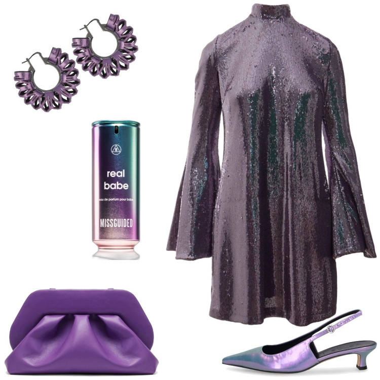 Outfit donna - Serata fuori. Stile 70s per Serata fuori. Abbinamento con profumi, vestiti, décolleté, orecchini, clutch.