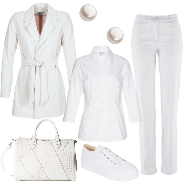 Outfit donna - In bianco per tutti i giorni. Stile Basic per Tutti i giorni. Abbinamento con camicie, pantaloni, trench bianco, scarpe bianco, borsa a mano bianco, orecchini a perno con perle farfallina effetto lucido argento.