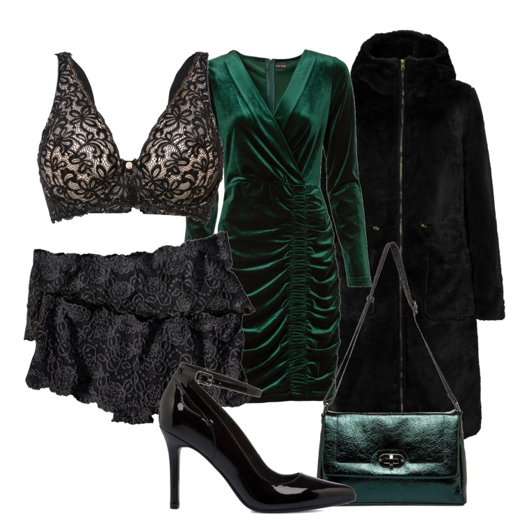 Outfit donna - Pizzo nero e trasparenze. Stile Chic per Serata fuori. Abbinamento con reggiseni, culotte, vestiti, ecopellicce, borse a tracolla, décolleté.