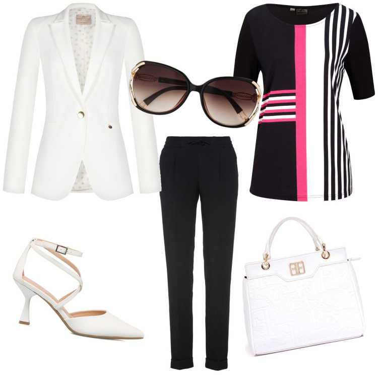 Outfit donna - Un giorno in ufficio. Stile Chic per Tutti i giorni. Abbinamento con pantaloni, occhiali da sole, t-shirt, borse tote, décolleté, giacche.