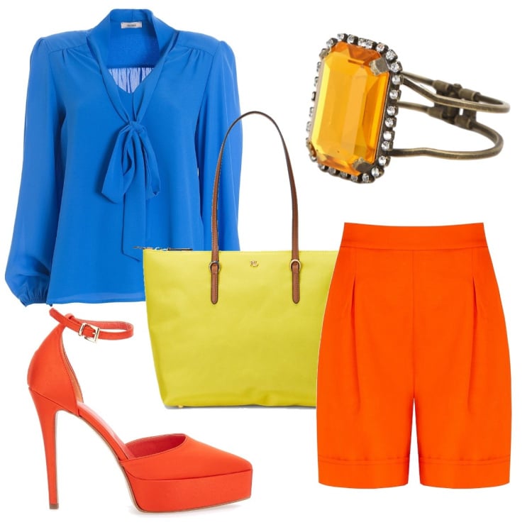 Outfit donna - Arcobaleno. Stile Glamour per Serata fuori. Abbinamento con bluse, shorts, borse tote, braccialetti, décolleté.