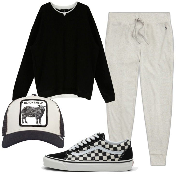 Outfit uomo - Pecora nera. Stile Casual per Sport. Abbinamento con felpe, pantaloni, sneakers, cappelli.