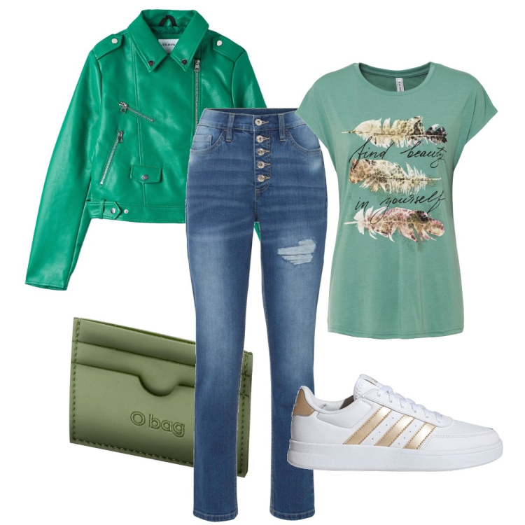 Outfit donna - Il verde speranza. Stile Casual per Scuola/Università. Abbinamento con t-shirt, jeans boyfriend, cappotti, sneakers, portafogli.