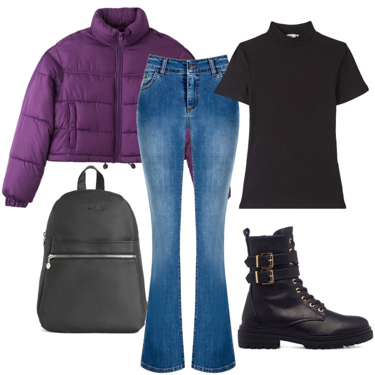 Outfit donna - Sabato ripetizione di matematica. Stile Casual per Scuola/Università. Abbinamento con t-shirt, piumini, jeans a zampa, zaini, anfibi.