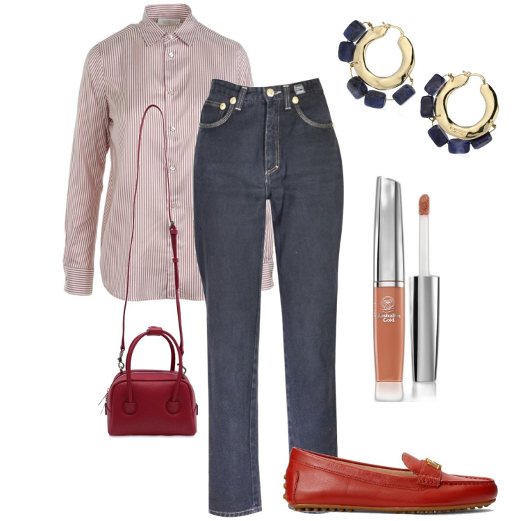 Outfit donna - Shopping al centro commerciale. Stile Casual chic per Tutti i giorni. Abbinamento con pantaloni, gloss, mocassini, orecchini, borse a mano, camicie.