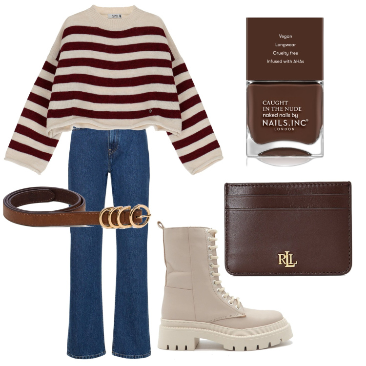 Outfit donna - Total look #1737250. Stile Urban per Tutti i giorni. Abbinamento con smalti, pullovers, portafogli, cinture, jeans dritti, anfibi.