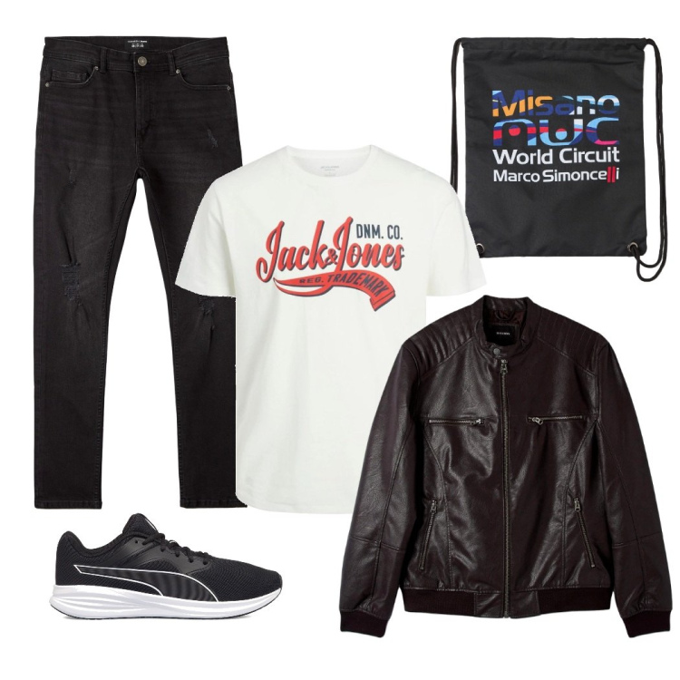 Outfit uomo - I am going outfit. Stile Urban per Tutti i giorni. Abbinamento con borse sportive, cappotti, jeans strappati, t-shirt, scarpe sportive.