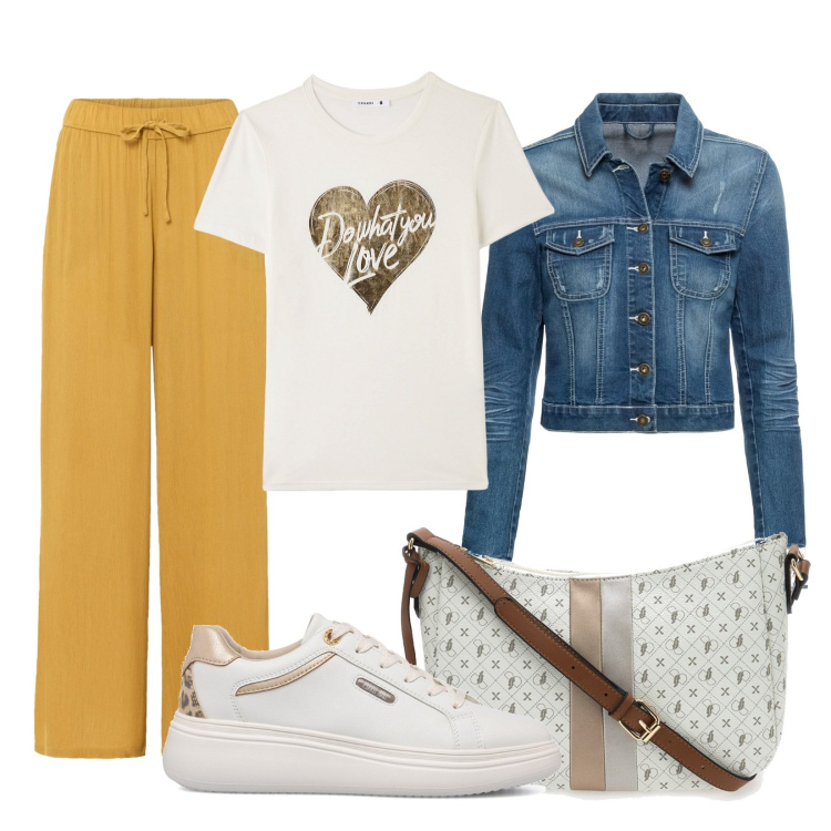 Outfit donna - Love is Love. Stile Casual per Tutti i giorni. Abbinamento con pantaloni, blazer, t-shirt, sneakers, borse a tracolla.
