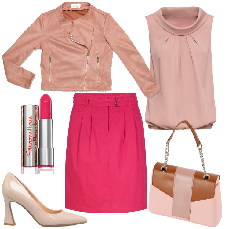 Outfit donna - Gonna fragola. Stile Trendy per Tutti i giorni. Abbinamento con top, gonne, rossetti, décolleté, cappotti, borse a spalla.