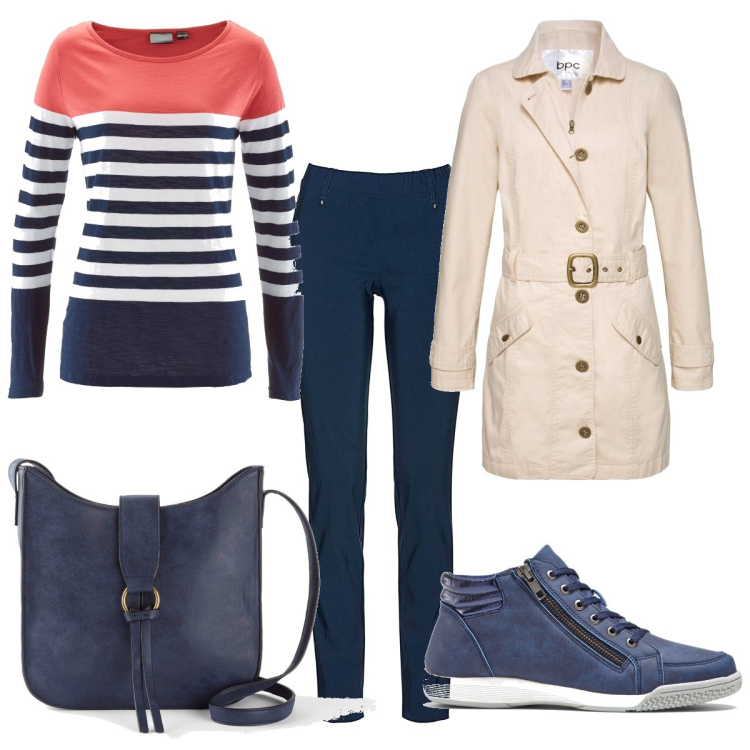 Outfit donna - Trench e righe. Stile Casual per Ufficio. Abbinamento con pantaloni, sneakers alte, maglieria, trench, borse a tracolla.