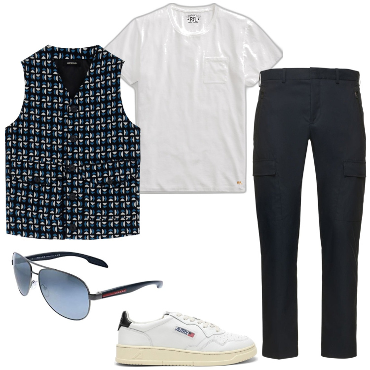 Outfit uomo - Aperitivo con amici. Stile Trendy per Serata speciale. Abbinamento con gilet, t-shirt, sneakers, pantaloni cargo, occhiali da sole.