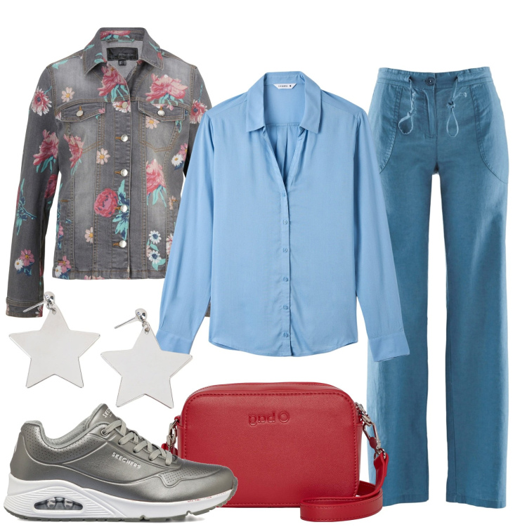 Outfit donna - Il giubbotto a fiori. Stile Casual per Tutti i giorni. Abbinamento con pantaloni a palazzo, giacche, camicie, orecchini, sneakers, borse a tracolla.