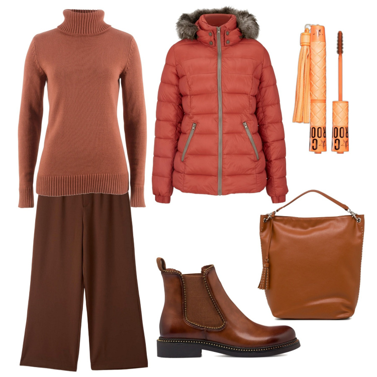 Outfit donna - I colori avvolgenti dell\' autunno. Stile Basic per Tutti i giorni. Abbinamento con piumini, maglieria, mascara, pantaloni, stivaletti, zaini.