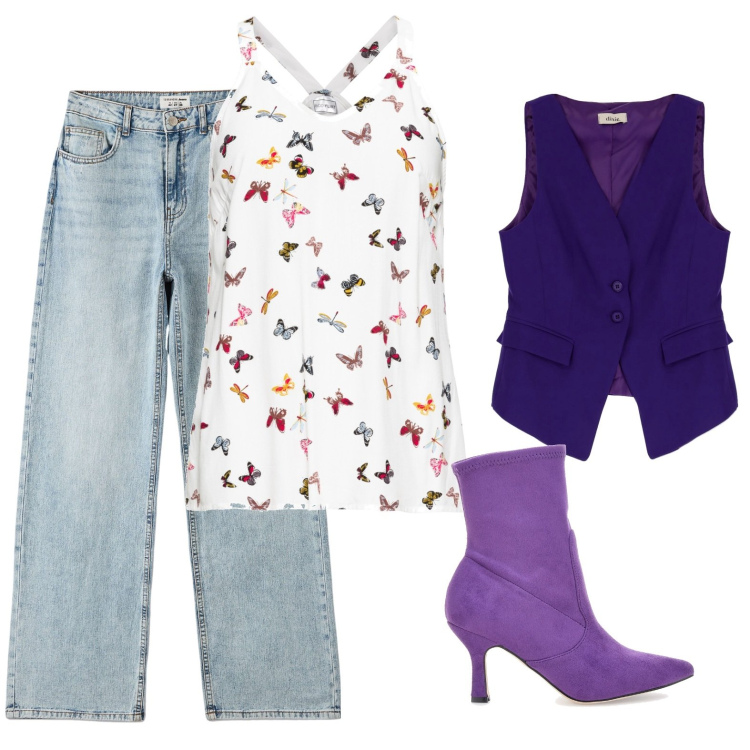 Outfit donna - Love is love. Stile Casual per Tutti i giorni. Abbinamento con top, jeans, gilet, stivaletti.