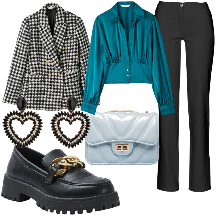 Outfit donna - L\'autunno alle porte. Stile Glamour per Ufficio. Abbinamento con pantaloni, camicie, mocassini, blazer, orecchini, borse a tracolla.