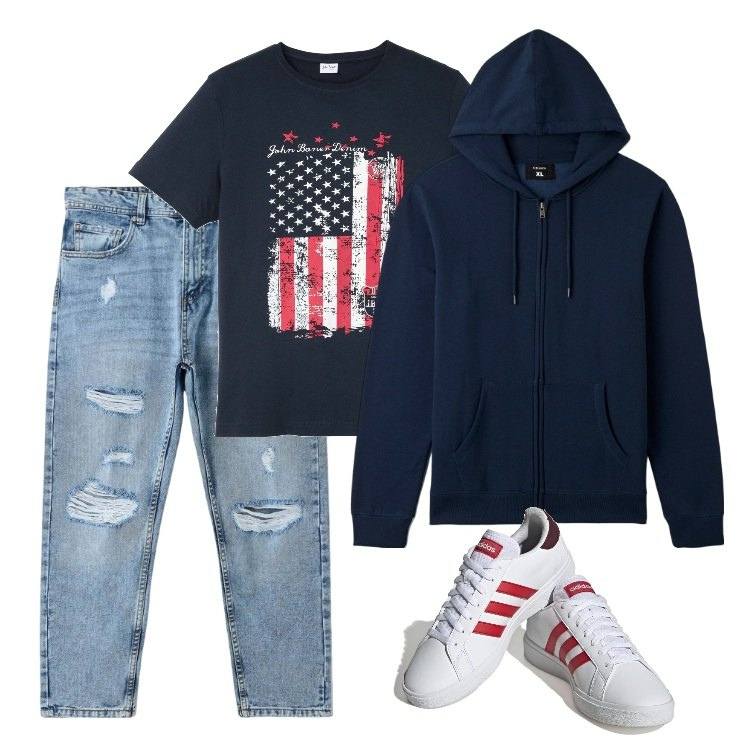 Outfit uomo - Total look #1737405. Stile Urban per Tutti i giorni. Abbinamento con t-shirt, jeans strappati, felpe con cappuccio, sneakers.