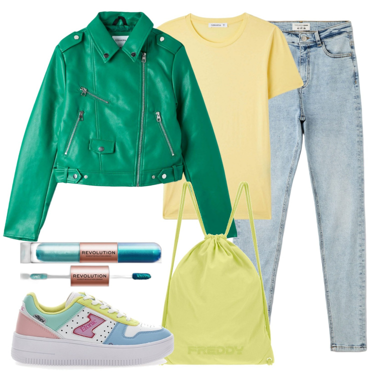 Outfit donna - Una giornata arcobaleno. Stile Casual per Tutti i giorni. Abbinamento con ombretti, cappotti, jeans skinny, t-shirt, zaini, sneakers.