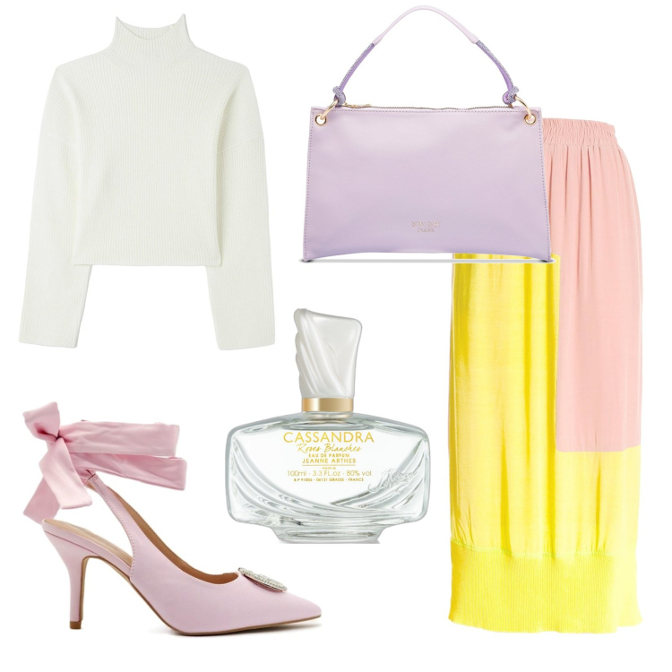 Outfit donna - Primavera. Stile Chic per Serata fuori. Abbinamento con maglieria, profumi, gonne longuette, borse a mano, décolleté.