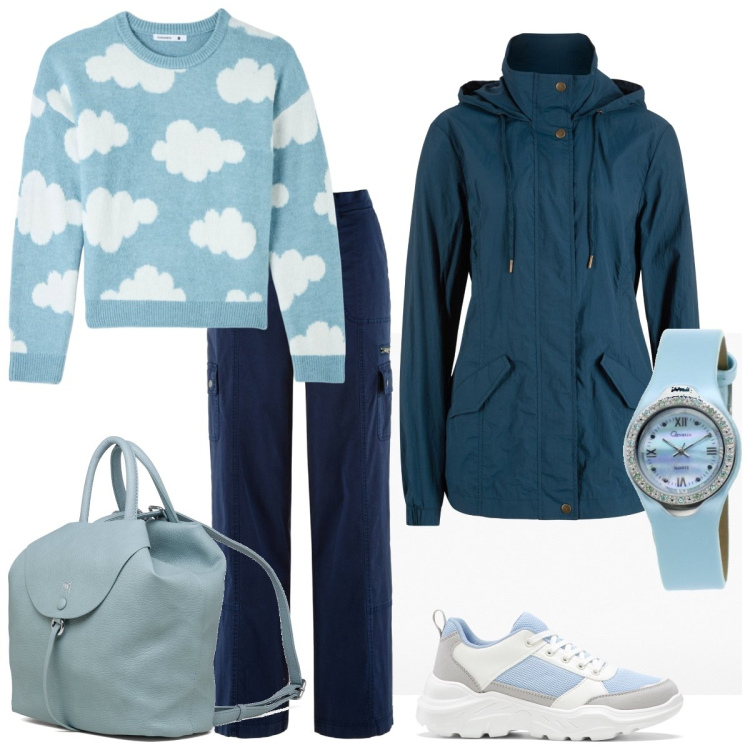 Outfit donna - Tra le nuvole. Stile Casual per Tutti i giorni. Abbinamento con blazer, pantaloni cargo, sneakers, maglieria, zaini, orologi.