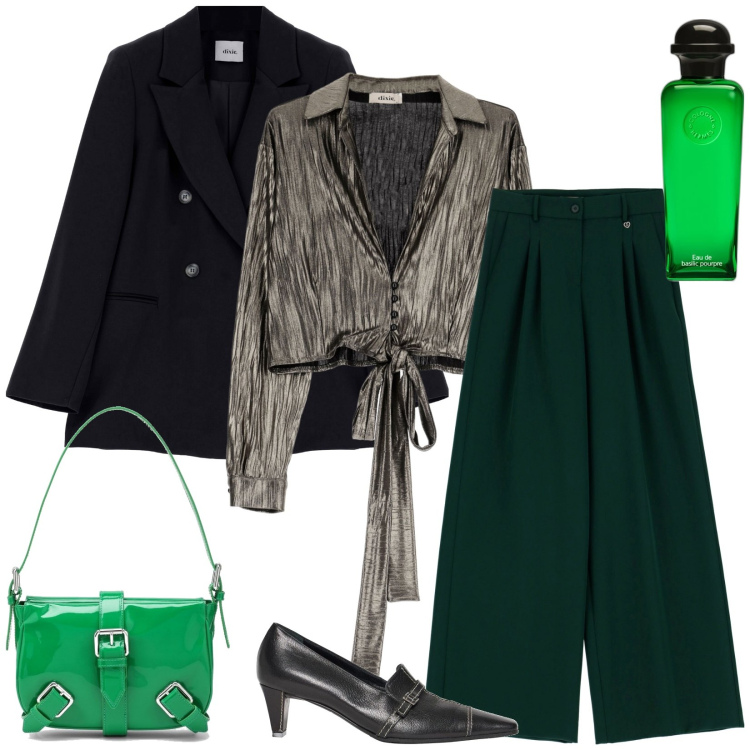 Outfit donna - Serata fra amiche. Stile Trendy per Serata fuori. Abbinamento con décolleté, profumi, pantaloni a palazzo, camicie, giacche, borse a spalla.