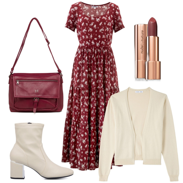 Outfit donna - Vestito lungo e cardigan. Stile Etnico per Tutti i giorni. Abbinamento con vestiti lunghi, rossetti, cardigans, borse a tracolla, stivaletti.