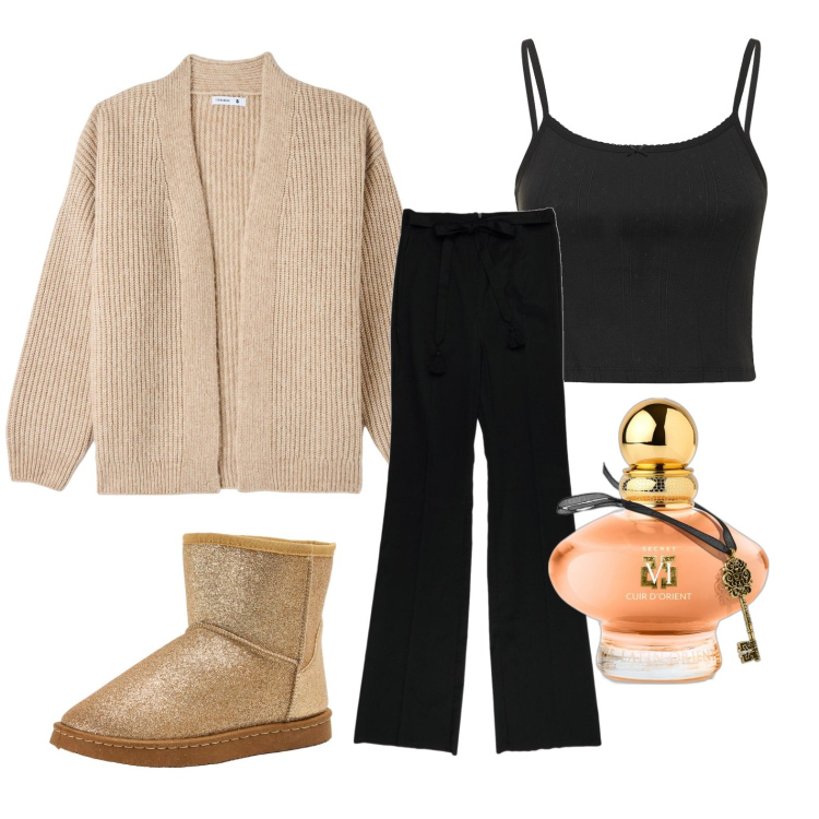 Outfit donna - Outfit donna. Stile Basic per Tutti i giorni. Abbinamento con profumi, stivali, cardigans, canottiere, pantaloni.