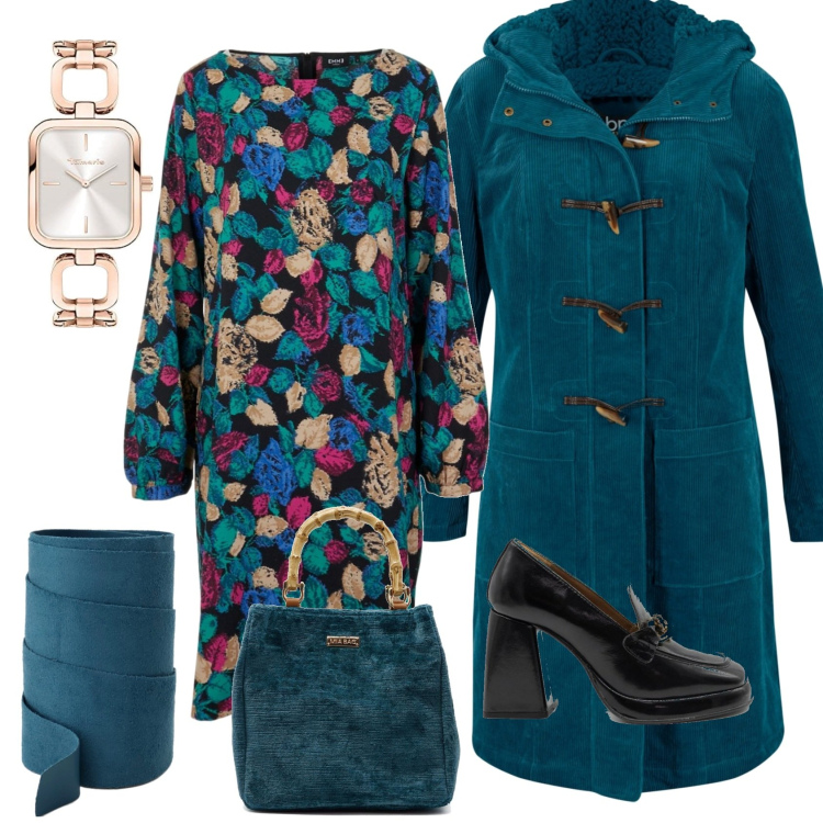 Outfit donna - Ottanio. Stile Casual chic per Ufficio. Abbinamento con montgomery, cinture, vestiti, orologi analogici, borse a mano, décolleté.