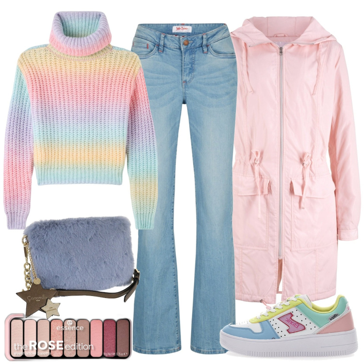 Outfit donna - Colorata con le amiche in centro. Stile Urban per Tutti i giorni. Abbinamento con jeans bootcut, cappotti, ombretti, maglieria, sneakers, borse a tracolla.