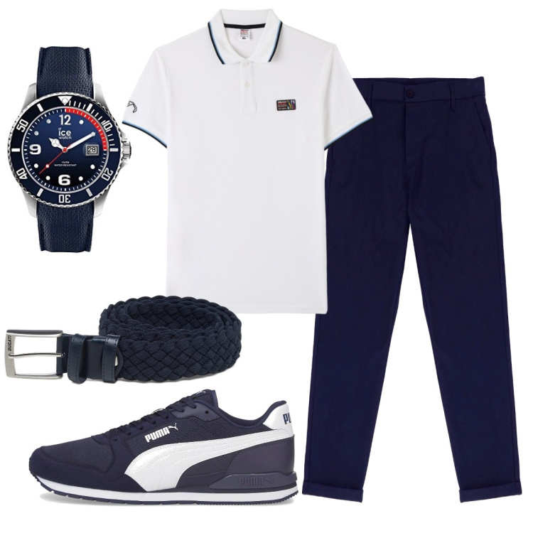 Outfit uomo - Total look #1737517. Stile Casual per Ufficio. Abbinamento con polo, pantaloni, sneakers, cinture, orologi.