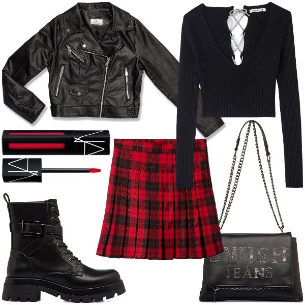 Outfit donna - Una Serata Punk a Londra. Stile Rock per Serata fuori. Abbinamento con rossetti, maglieria, minigonne, borse a tracolla, cappotti, anfibi.