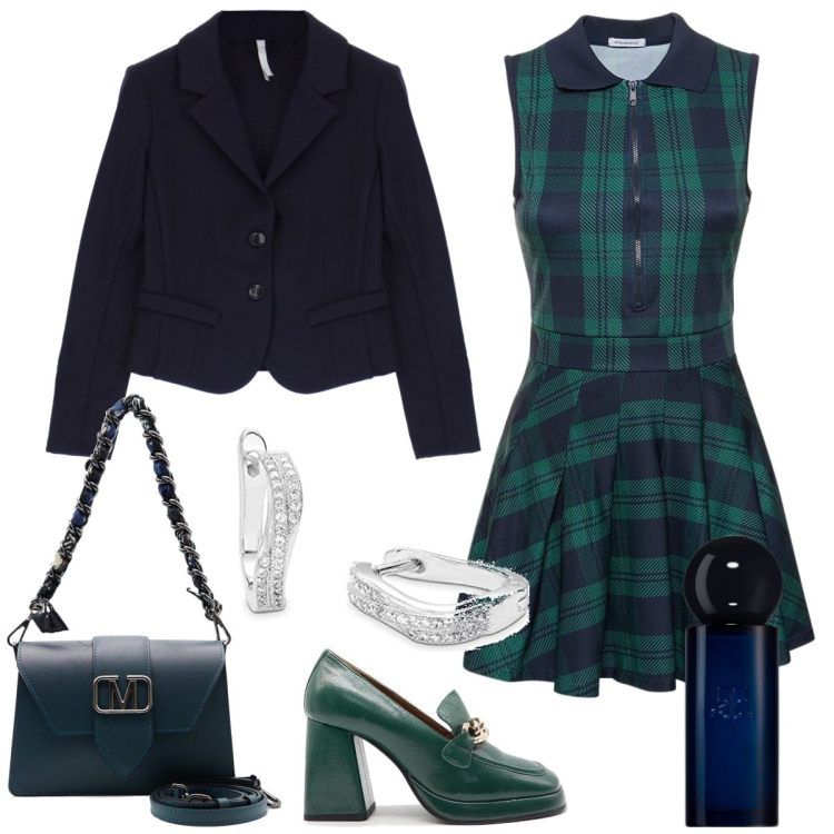 Outfit donna - Tempo libero. Stile Preppy per Tutti i giorni. Abbinamento con profumi, cappotti, vestiti, décolleté, borse a spalla, orecchini.