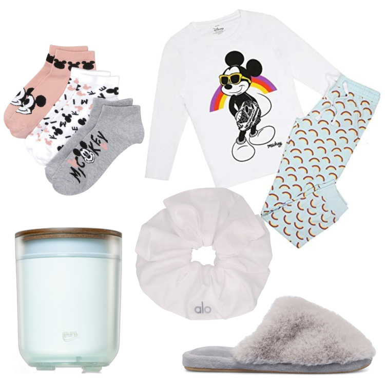 Outfit donna - Serata con Topolino. Stile Casual per Tutti i giorni. Abbinamento con calzini, profumi, pantofole, pigiama, accessori per capelli.