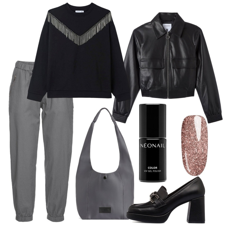 Outfit donna - Nero e grigio. Stile Casual per Tutti i giorni. Abbinamento con pantaloni, smalti, felpe, bomber, borse a spalla, mocassini.