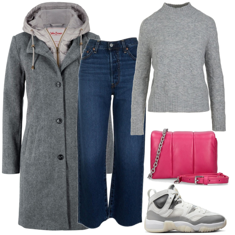 Outfit donna - Look casual. Stile Casual per Tutti i giorni. Abbinamento con cappotti, jeans dritti, maglieria, borse a spalla, sneakers.